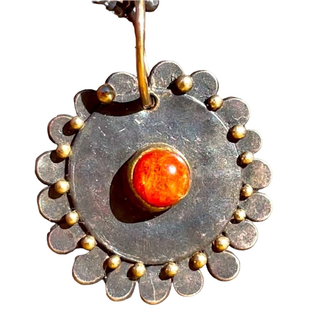 Sunstone Necklace with 14k gold balls on oxidized silver flower on Ball …